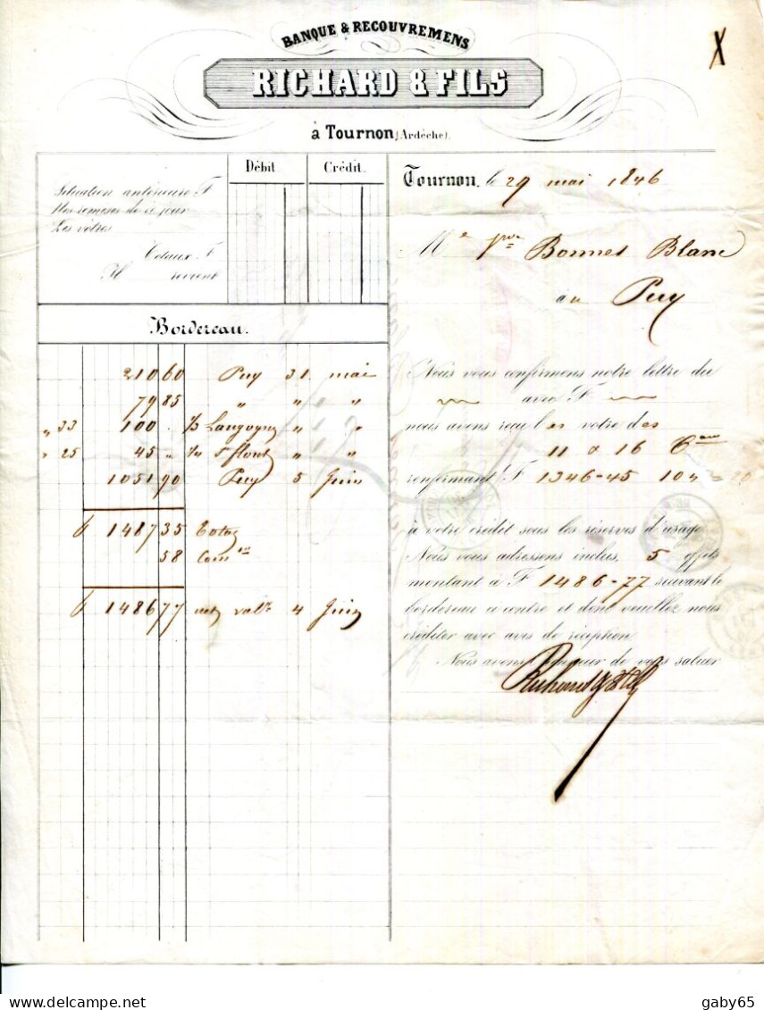 FACTURE.07.ARDECHE.TOURNON.BANQUE & RECOUVREMENTS.RICHARD & FILS - Banca & Assicurazione