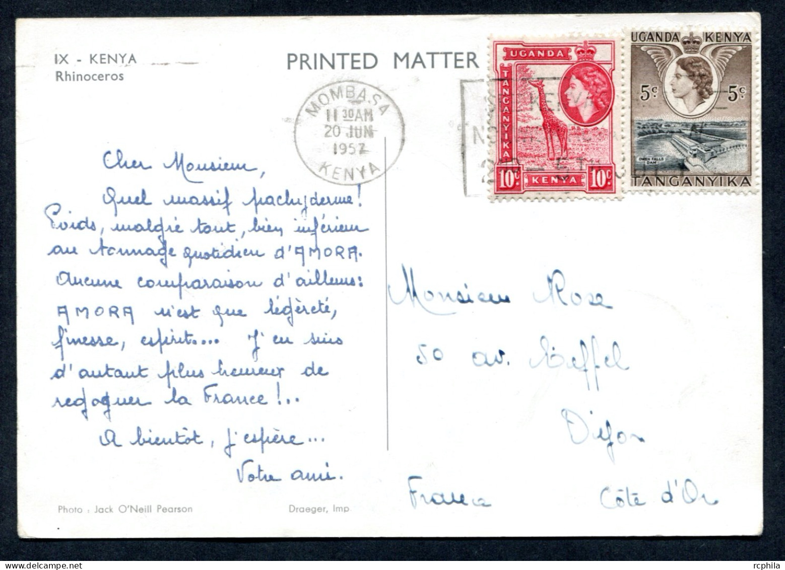 RC 27346 KENYA 1957 CROISIERE AMORA CARTE PUBLICITAIRE POUR DIJON COTE D'OR FRANCE - Kenya, Oeganda & Tanganyika