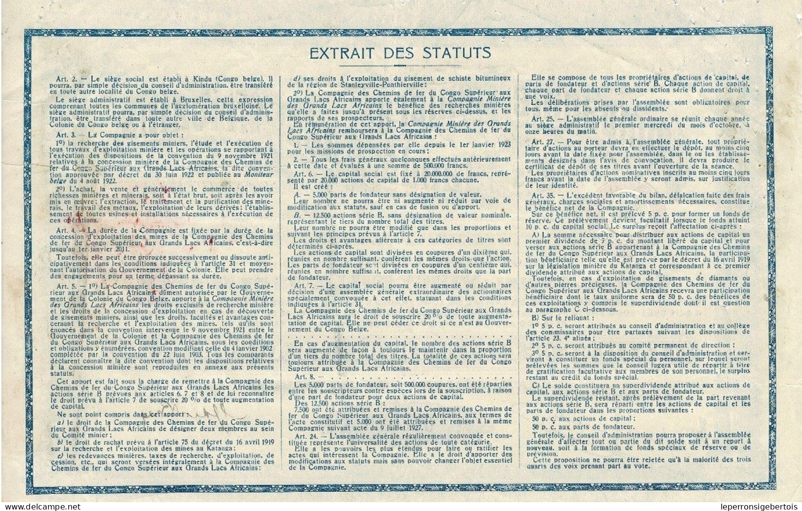 - Titre De 1927 - Compagnie Minière Des Grands Lacs Africains - Sté Congolaise Par Actions à Responsabilité Limitée - Africa