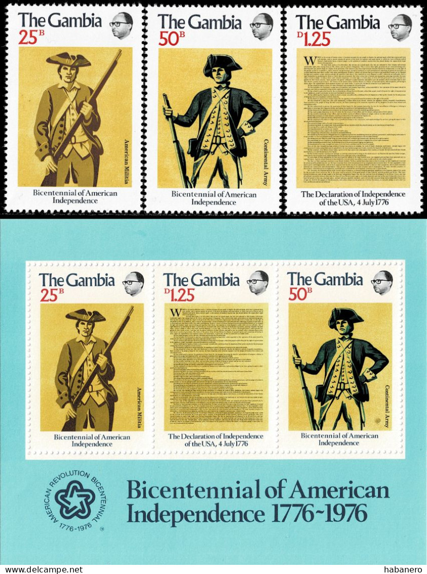 GAMBIA 1976 Mi 326-328 + BL 1 BICENTENARY OF AMERICAN REVOLUTION MINT STAMPS + MINIATURE SHEET ** - Unabhängigkeit USA