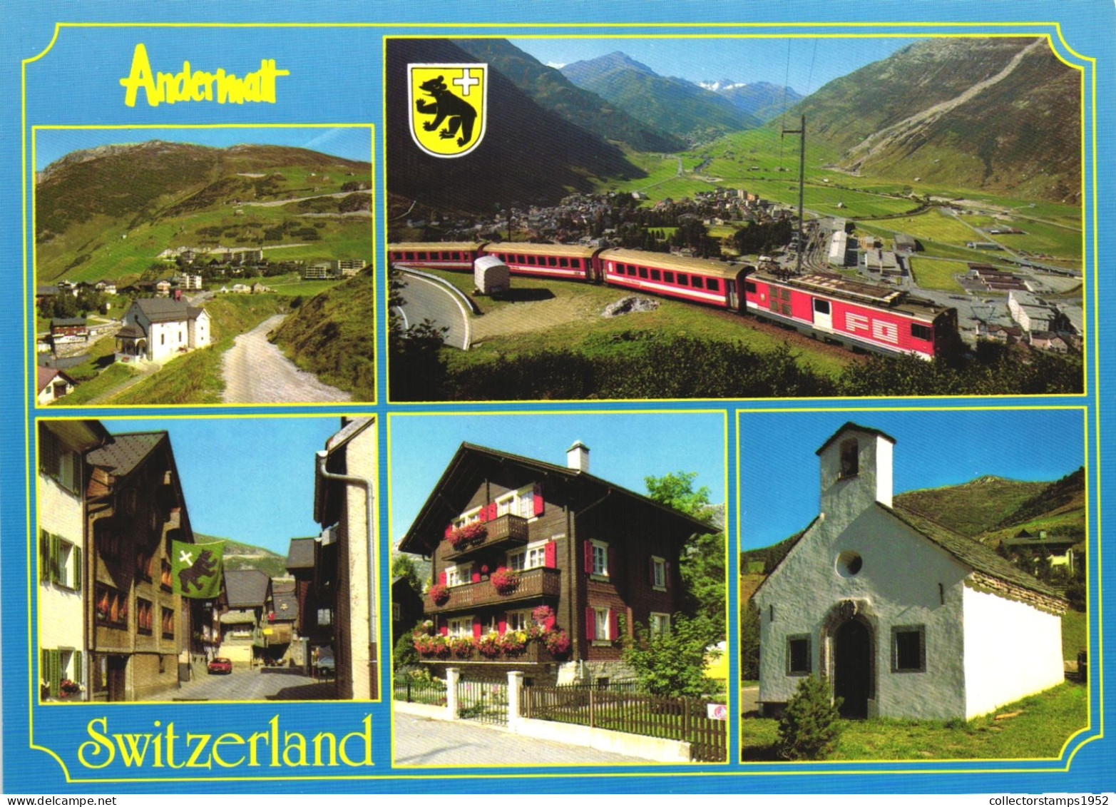 ANDERMATT, URI, MULTIPLE VIEWS, ARCHITECTURE, EMBLEM, CAR, TRAIN, MOUNTAIN, CHAPEL, SWITZERLAND, POSTCARD - Andermatt