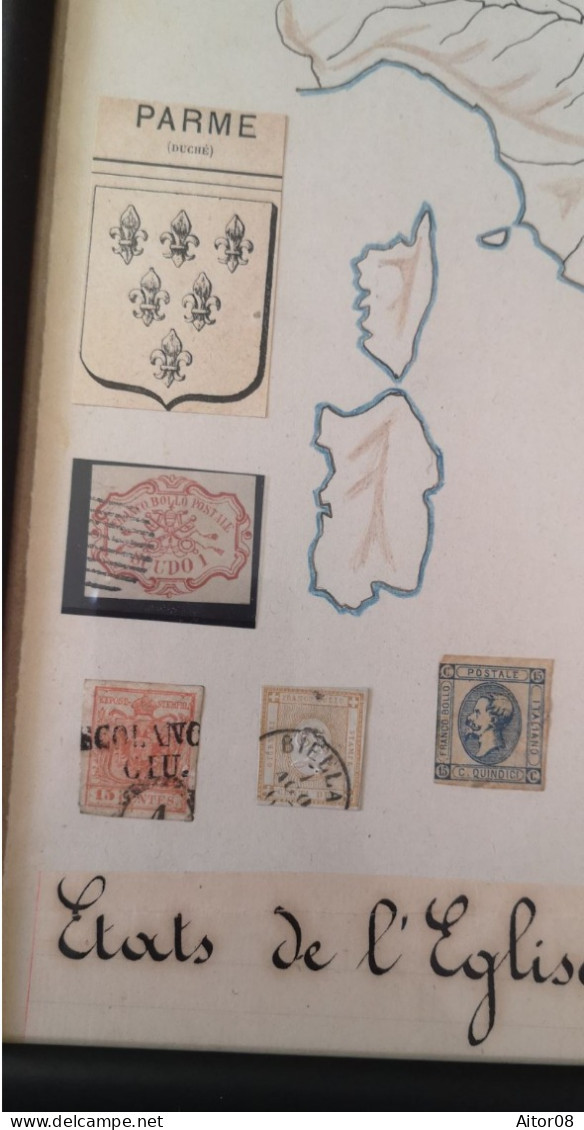 JOLI  TABLEAU DE TIMBRES ITALIENS ET SUISSES DE 1843/ 1863.QUELQUES FAUX.VOIR COMMENTAIRE.A VOIR DE PRES   . INTERESSANT - Non Classés