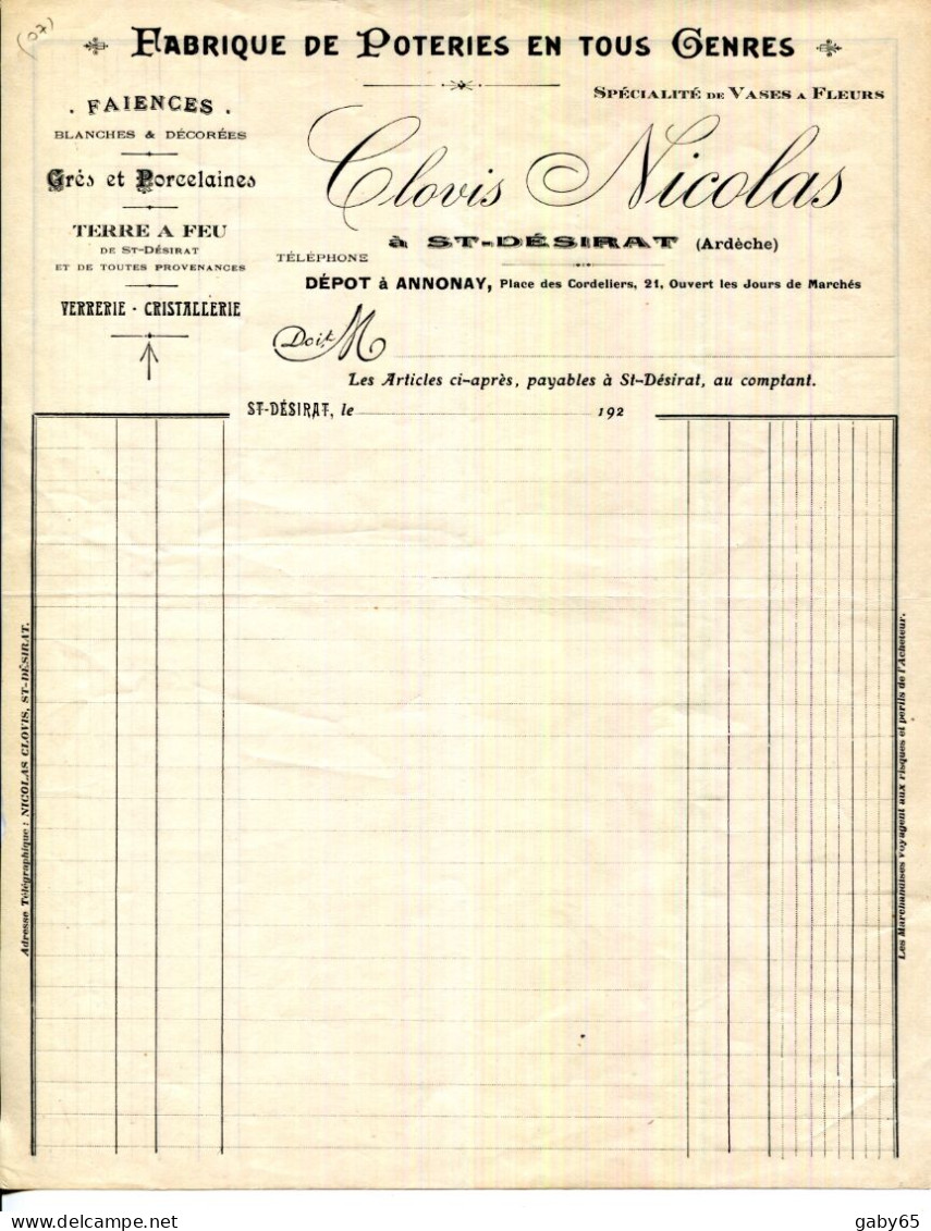 FACTURE.07.ARDECHE.SAINT DÉSIRAT.FABRIQUE DE POTERIES.FAIENCES.GRÉS & PORCELAINES.TERRE A FEU.CLOVIS NICOLAS. - Other & Unclassified