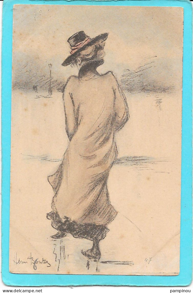 HENRI BOUTET - Femme Long Manteau, De Dos, Dans Le Vent - Boutet