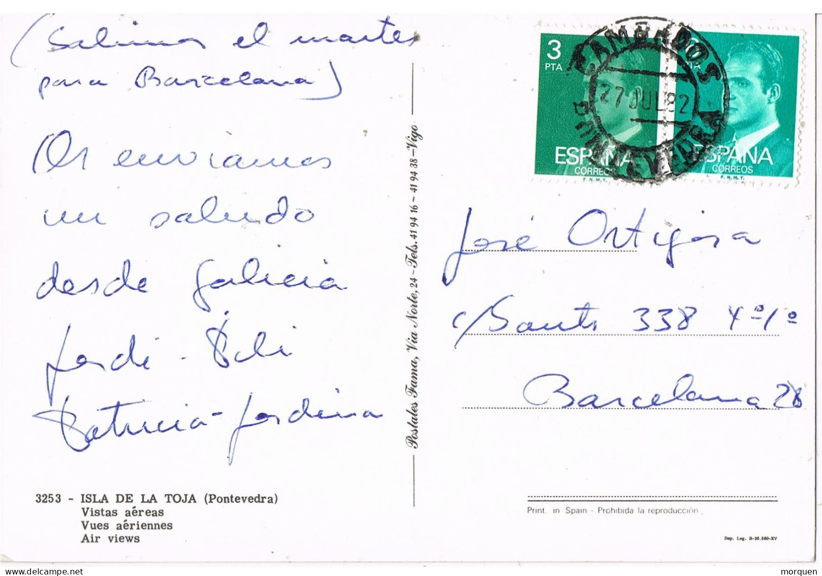 54571. Postal CAMBADOS (Pontevedra) 1982. Vistas De Isla De La Toja - Briefe U. Dokumente