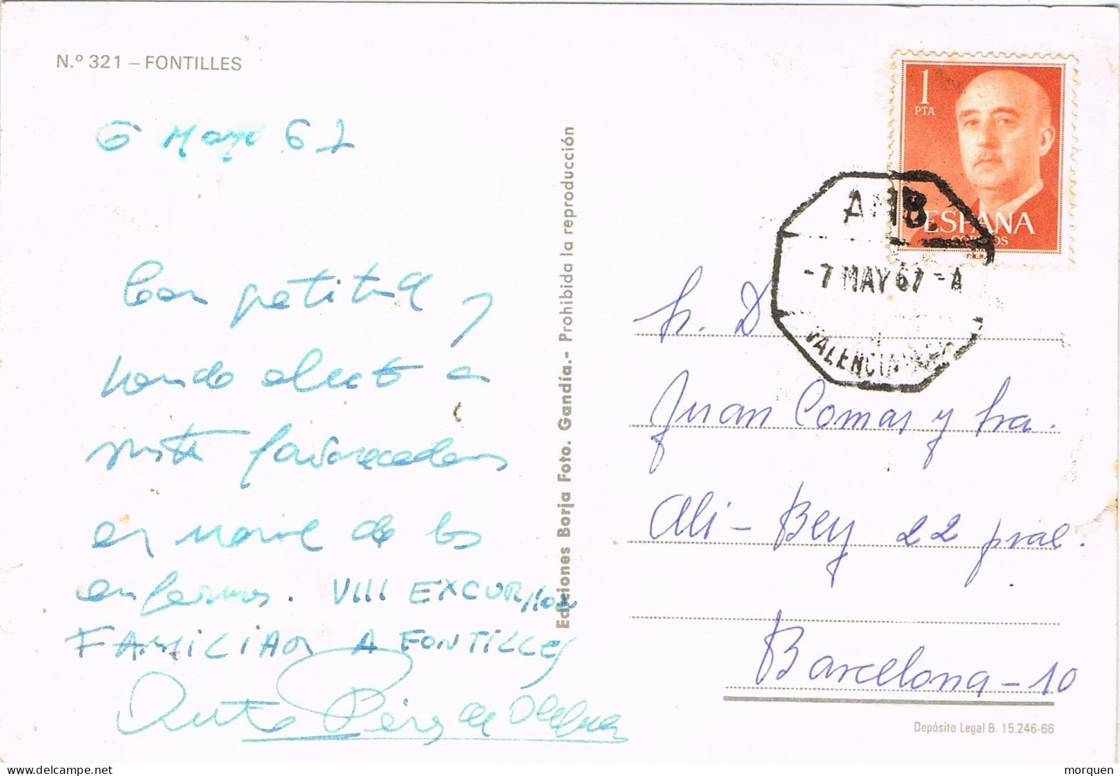 54572. Postal FONTILLES (Valencia) 1967. AMBULANTE Ferrocarril Linea Valencia-Barna. Vista De Fontilles - Cartas & Documentos