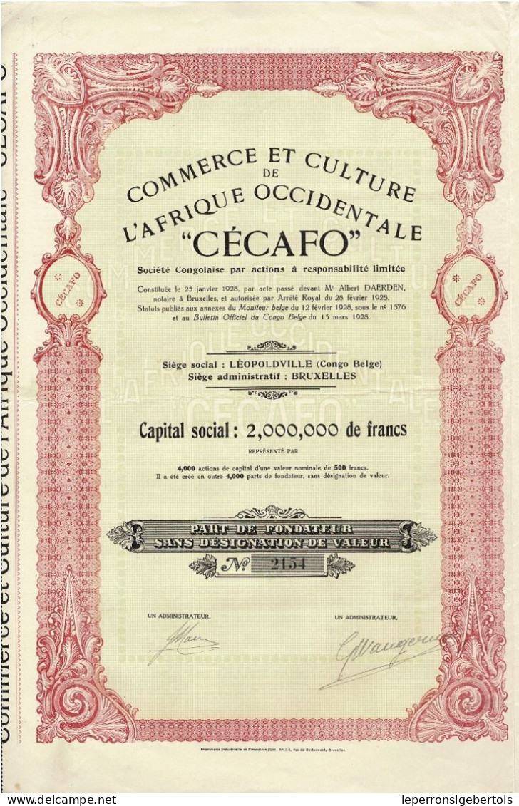 Titre De 1928 - Commerce Et Culture De L'Afrique Occidentale-CEFACO- Sté Congolaise Par Actions à Responsabilité Limitée - Afrika