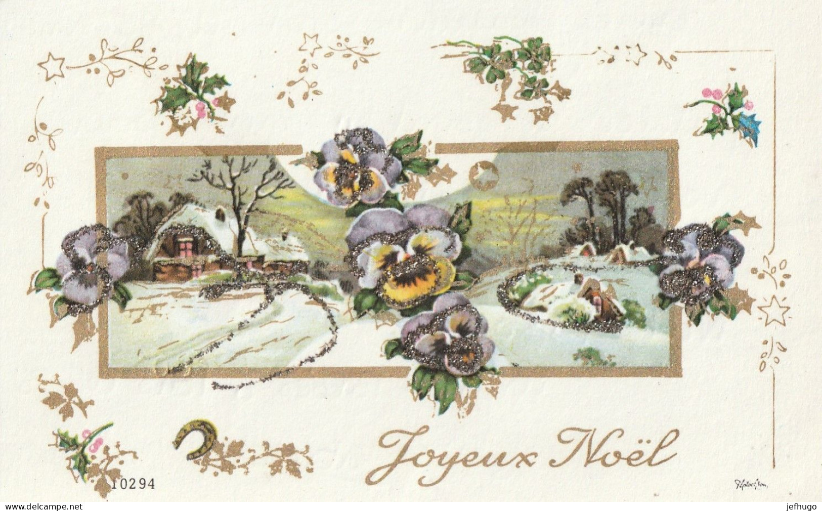 84 - CARTE JOYEUX NOEL . PENSEES HOUE MAISONS GUI ETOILES PAILLETTES DANS PAYSAGE ENNEIGE . PHOTOCHROM 10294 - Autres & Non Classés