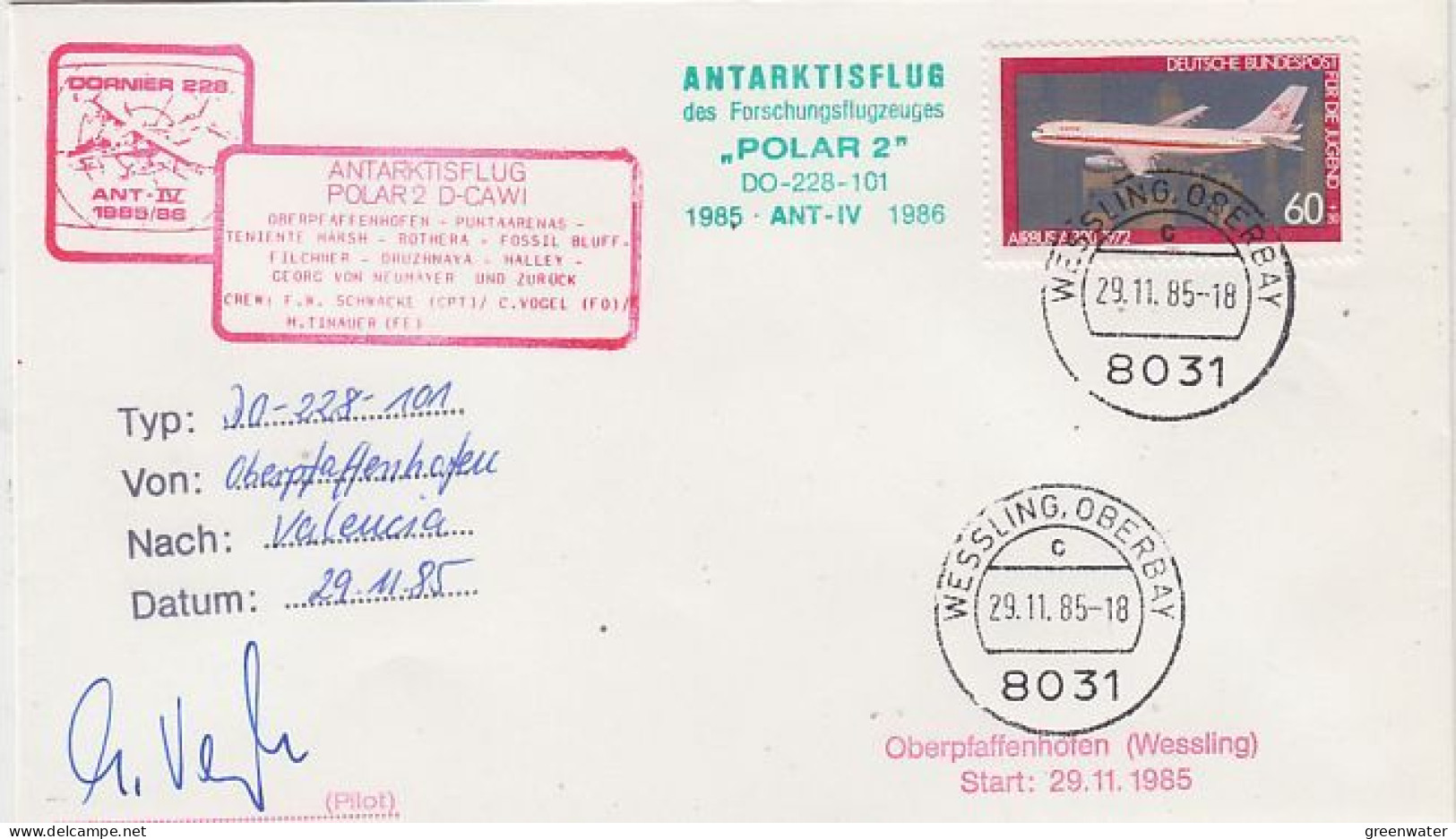 Germany Antarktisflug Polar 2( Flug Von Oberpflaffenhofen Nach Valencia") 29.11.1985 (GS161A) - Polare Flüge