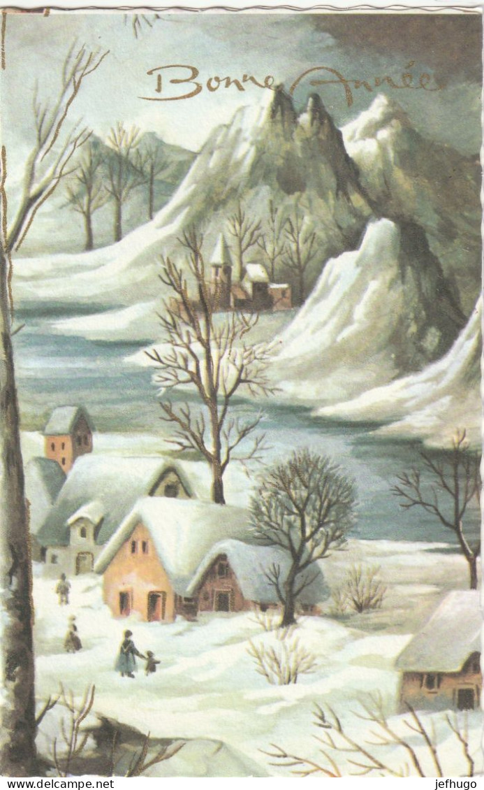 84 - CARTE BONNE ANNEE . PERSONNAGES MAISONS EGLISE MONTAGNES RIVIERE DANS PAYSAGE ENNEIGE . ITALIE R 6485 - Nouvel An