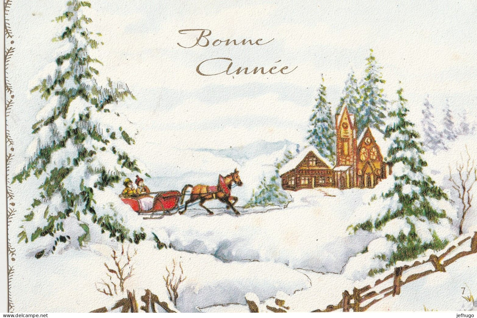 84 - CARTE BONNE ANNEE . PERSONNAGES CHEVAL TRAINEAU SAPINS EGLISE DANS PAYSAGE ENNEIGE . RAD - Nouvel An