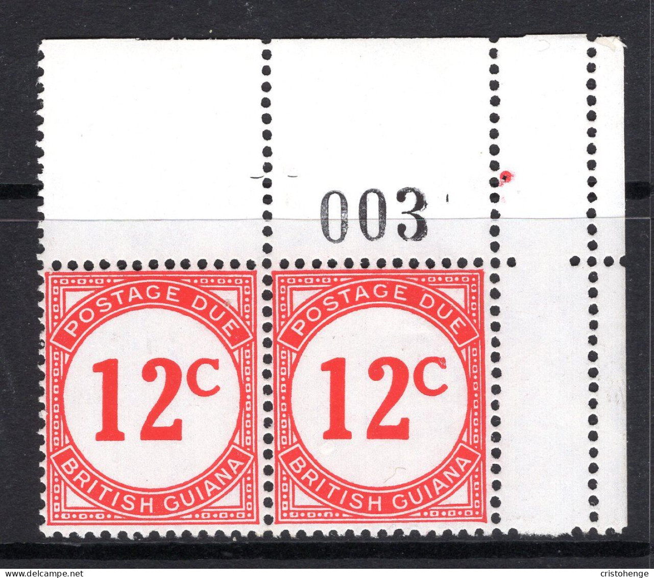 British Guiana 1952 Postage Due - Chalk-surfaced Paper - 12c Scarlet Pair HM (SG D4a) - Brits-Guiana (...-1966)