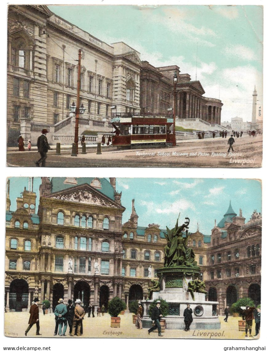 2 Postcards Lot UK England Lancashire Liverpool Technical School Posted 1903 & The Exchange Posted 1904 - Liverpool