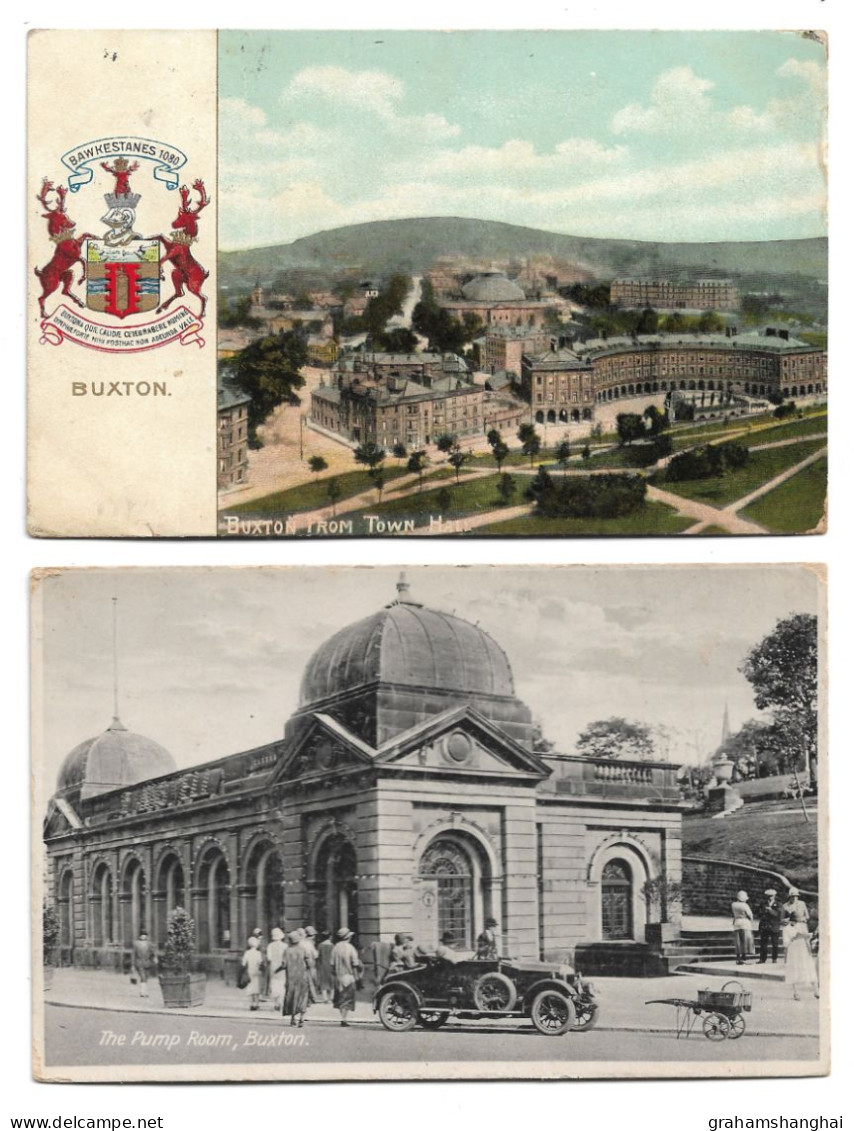 2 Postcards Lot UK England Derbyshire Buxton From Town Hall 1908 & Pump Room 1927 RPPC - Derbyshire