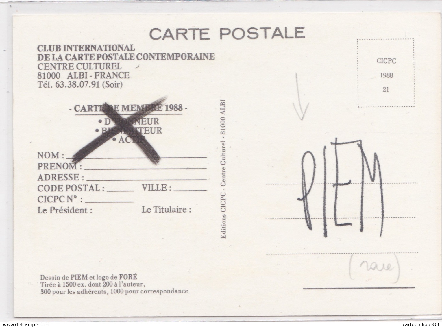 ILLUSTRATEUR PIEM POUR LE CICPC CARTE DE MEMBRE AVEC DEDICACE DE PIEM - Piem