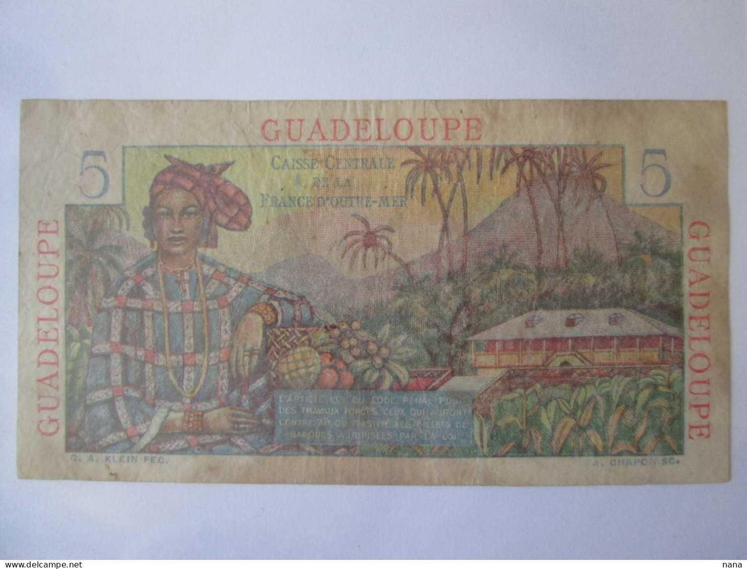 Rare! Guadeloupe 5 Francs 1947 Banknote Series:91555 See Pictures - Unclassified