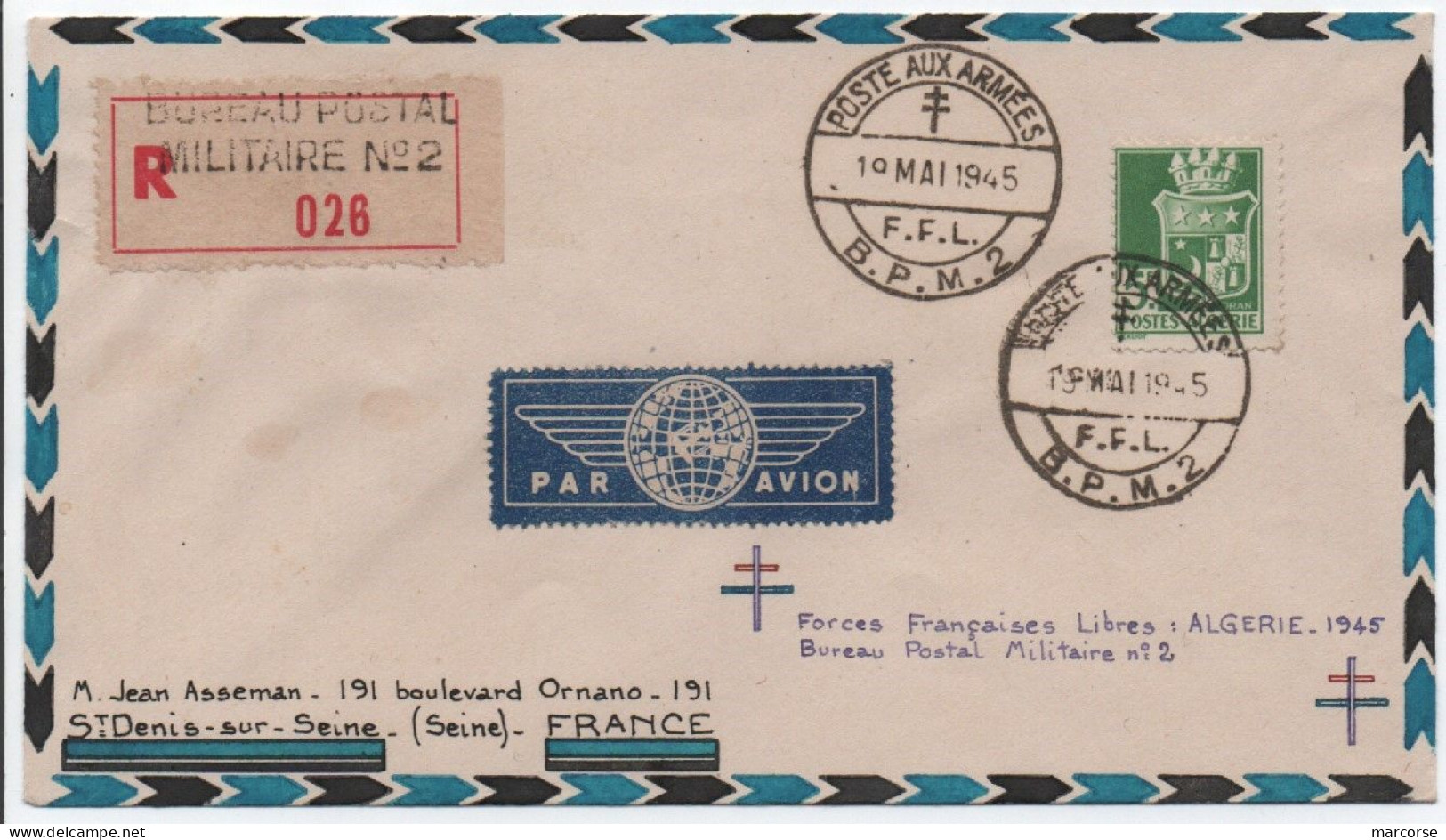 Enveloppe Timbre D'Algérie Utilisé Au Levant Forces Françaises Libres Bureau Postal Militaire N°2 (DAMAS, SYRIE) 1945 - Covers & Documents