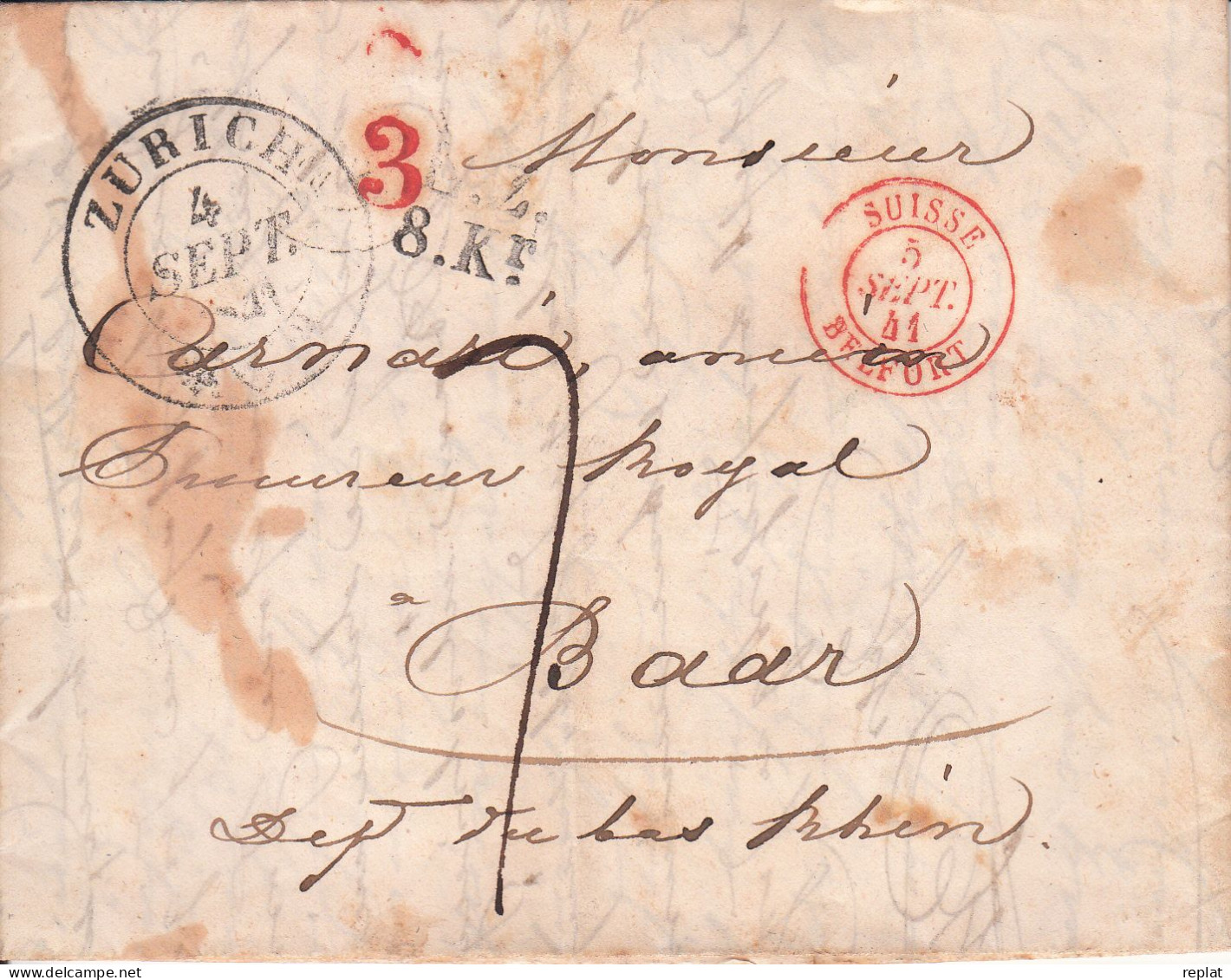 MARQUE POSTALE  LAC  SUISSE ZURICH VERS BARR  4 SEPT  1841 - ...-1845 Prephilately