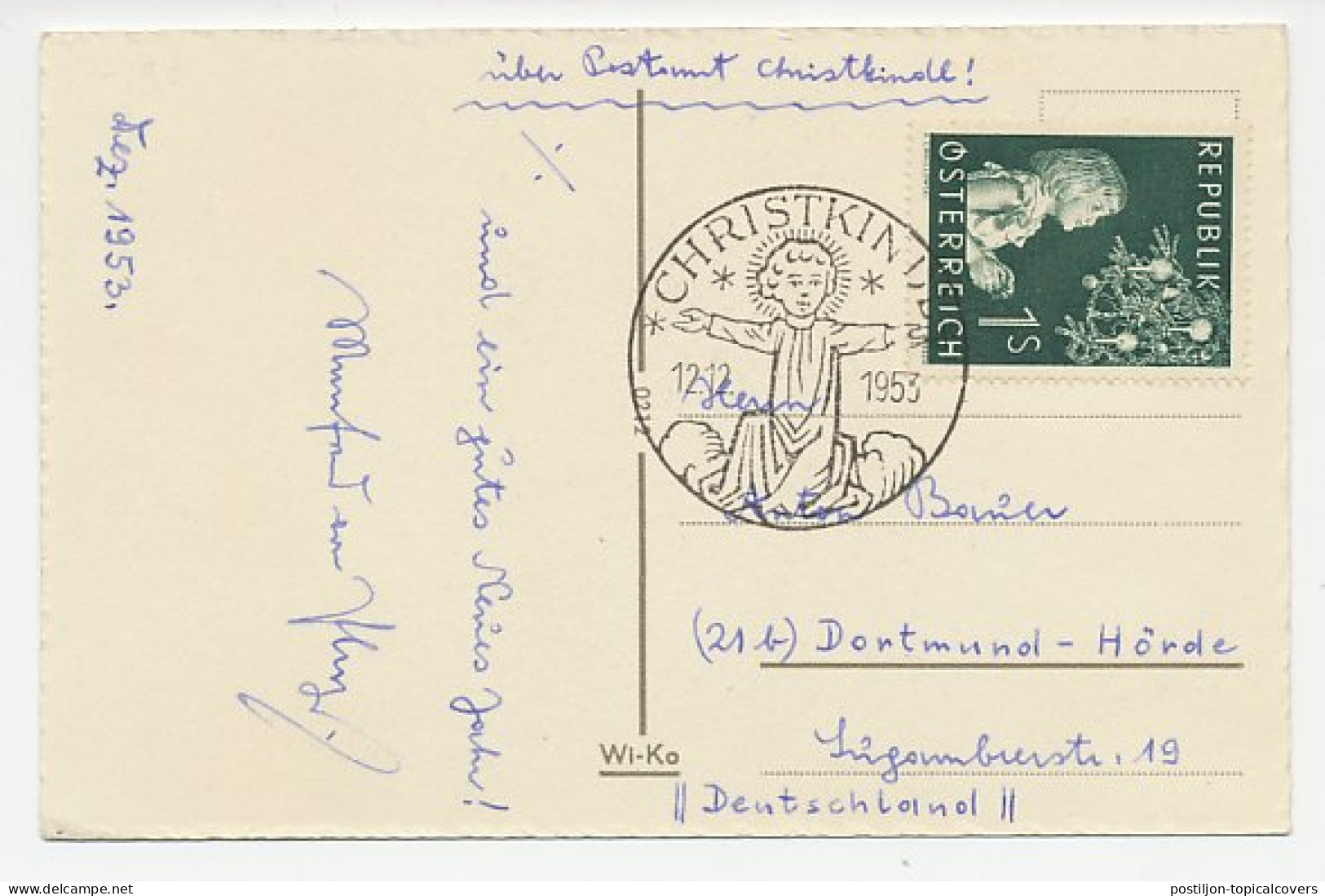 Card / Postmark Austria 1953 Christkindl - Navidad