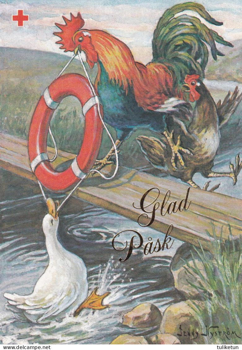 Postal Stationery - Cock Saving Goose - Happy Easter - Red Cross 1995 - Suomi Finland - Postage Paid - Jenny Nyström - Postal Stationery