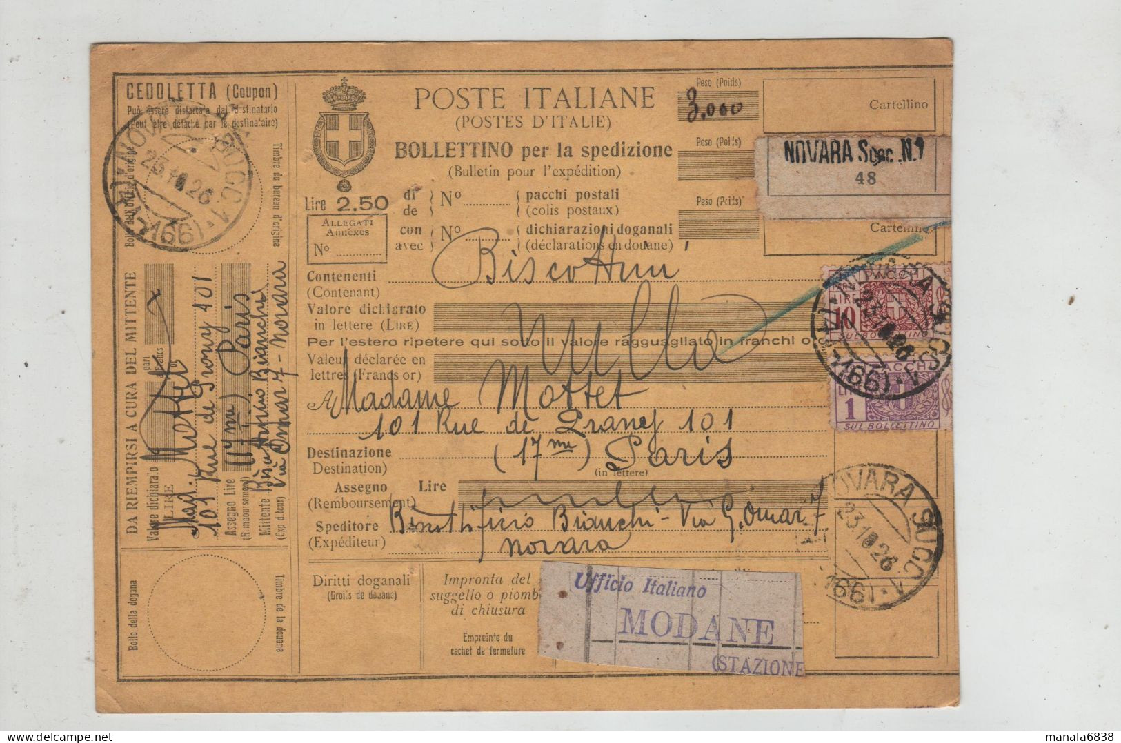 Poste Italiane Mottet Paris Novara 1926 - Eisenbahnverkehr