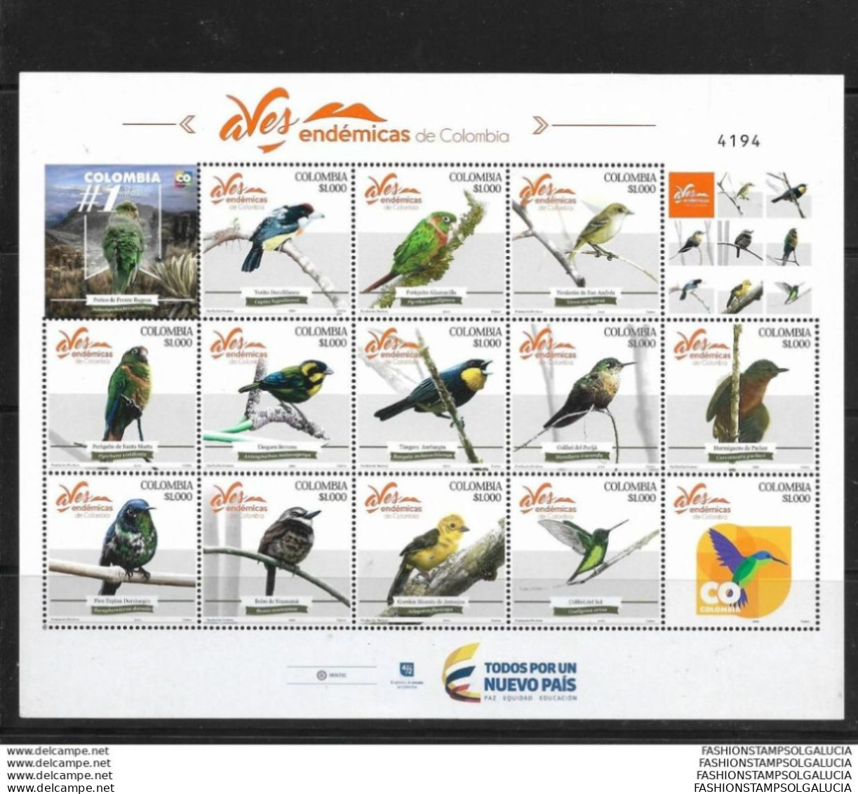 2018 COLOMBIA,  ENDEMIC BIRDS OF COLOMBIA, DIVERSITY OF THE AVIFAUNA, MNH - Colombia