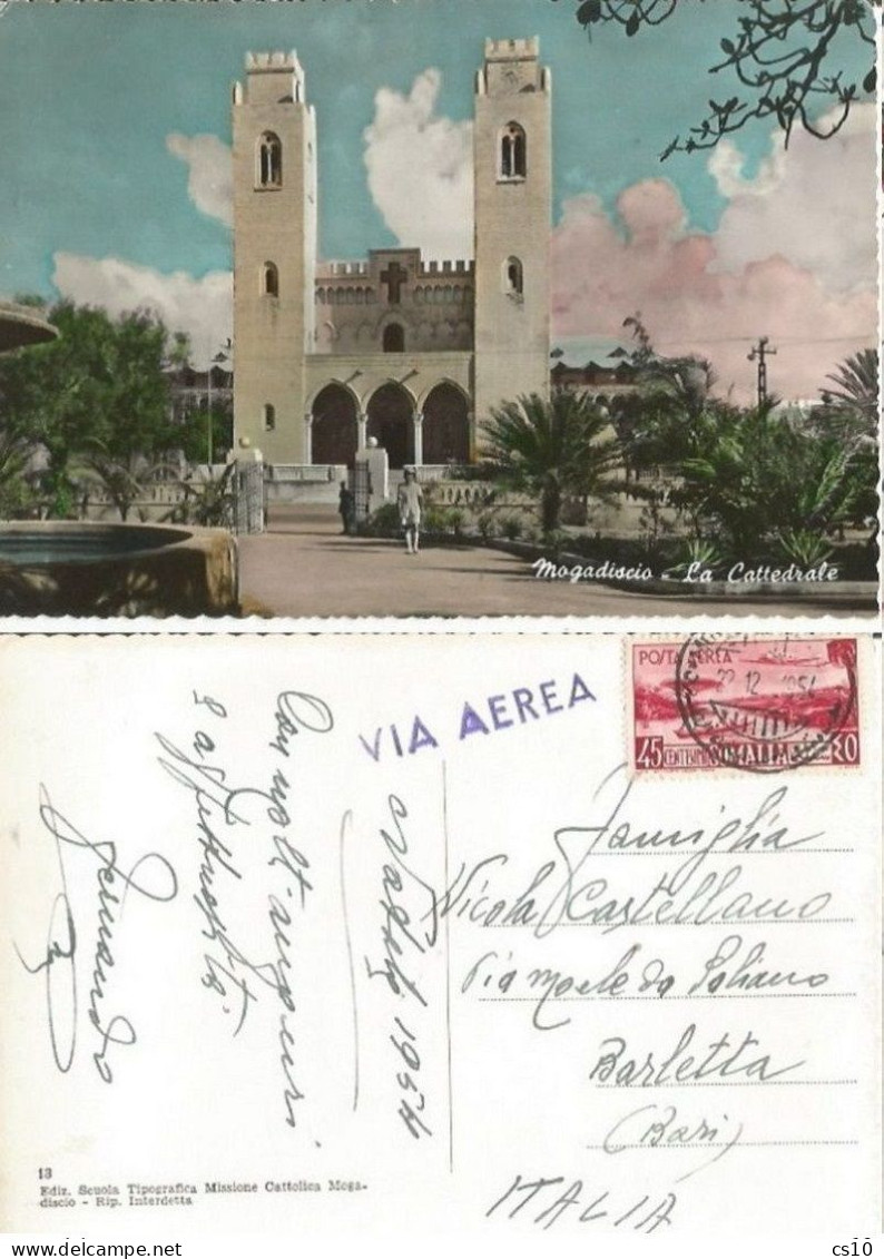Somalia AFIS Mogadishu Cathedral Color Airmail Pcard 22dec1954 With Airpost C.45 Solo - Somalia