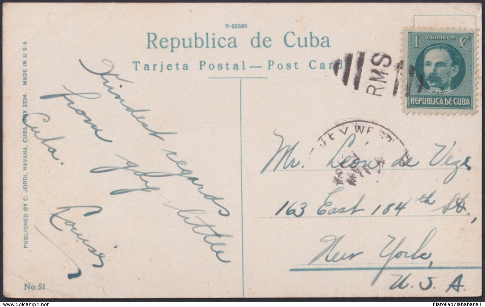 POS-1866 CUBA POSTCARD 1931 RMS CANCEL RAILROAD TO USA. COUNTRY HUT.  - Kuba