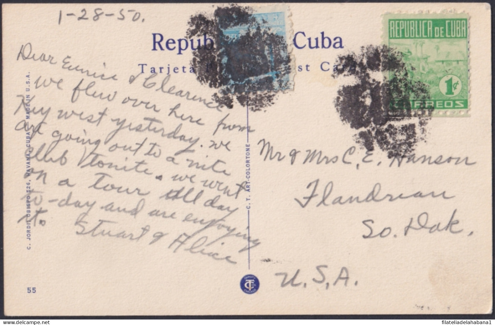 POS-1875 CUBA POSTCARD 1950 HAVANA FRATERNITY PARK WITH FANCY CANCEL.  - Kuba