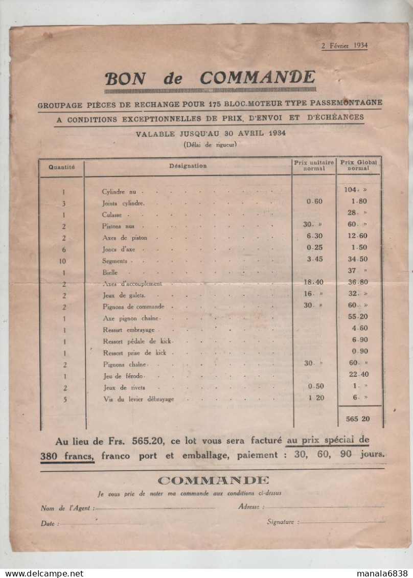 Bon De Commande 1934 Vélomoteur - 1900 – 1949