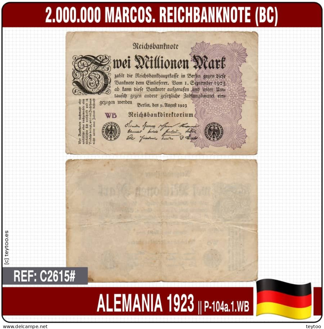 C2615# Alemania 1923. 2.000.000 Marcos. Reichbanknote (BC) P-104a.1.WB - 2 Miljoen Mark