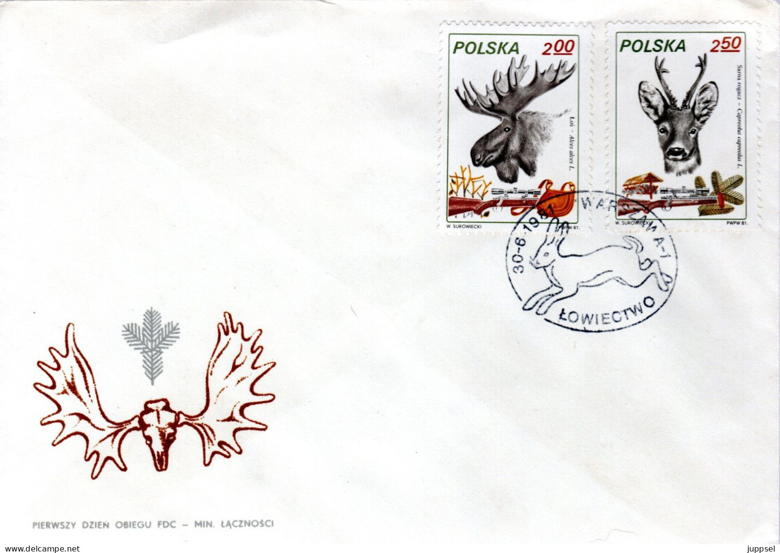 POLAND, FDC, Elk, Roebuck   /   POLOGNE  Lettre De Première Jour, L`elan, Chevreuil Mâle  1981 - Selvaggina