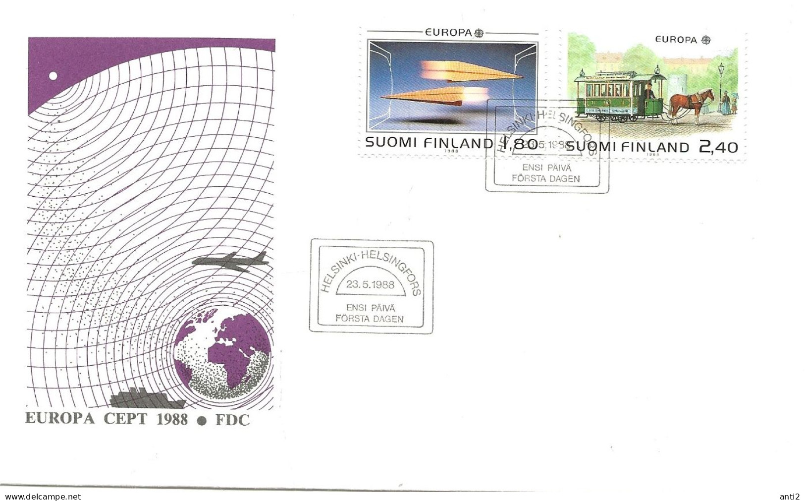 Finland   1988 Europe: Means Of Transport And Communication, Screens, Horse Tram, Helsinki (1890)  Mi 1051-1052 FDC - Lettres & Documents