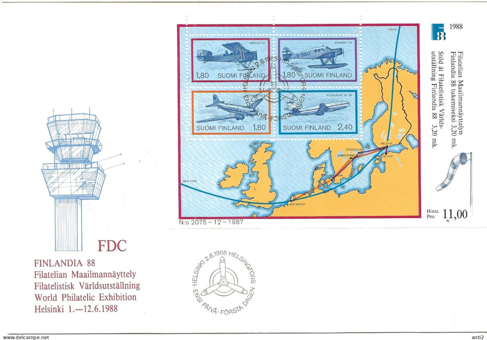 Finland   1988 Stamp Exhibition FINLANDIA '88, Helsinki (IV): Airmail Transport. Planes  Mi Bloc 4 FDC - Brieven En Documenten