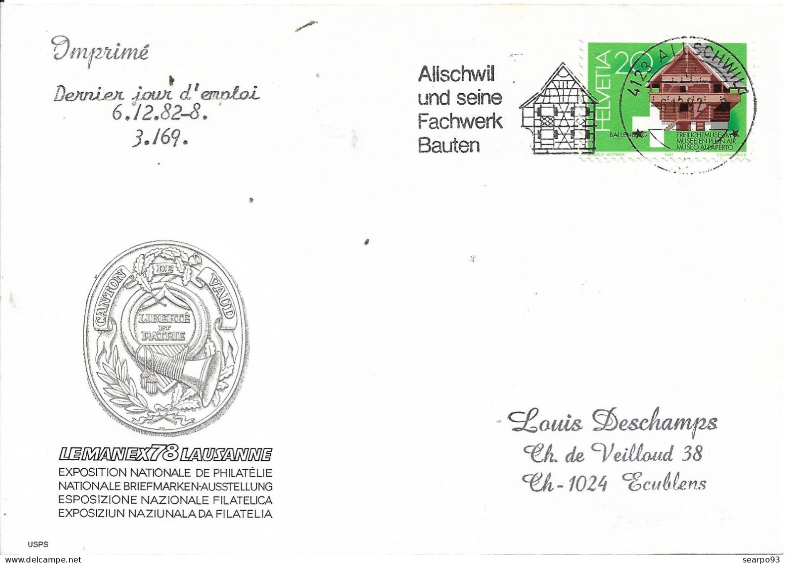 SWITZERLAND. POSTMARK. ALLSCHWIL AND ITS TIMBER BUILDINGS.. LAST DAY OF USE. 1982 - Marcophilie