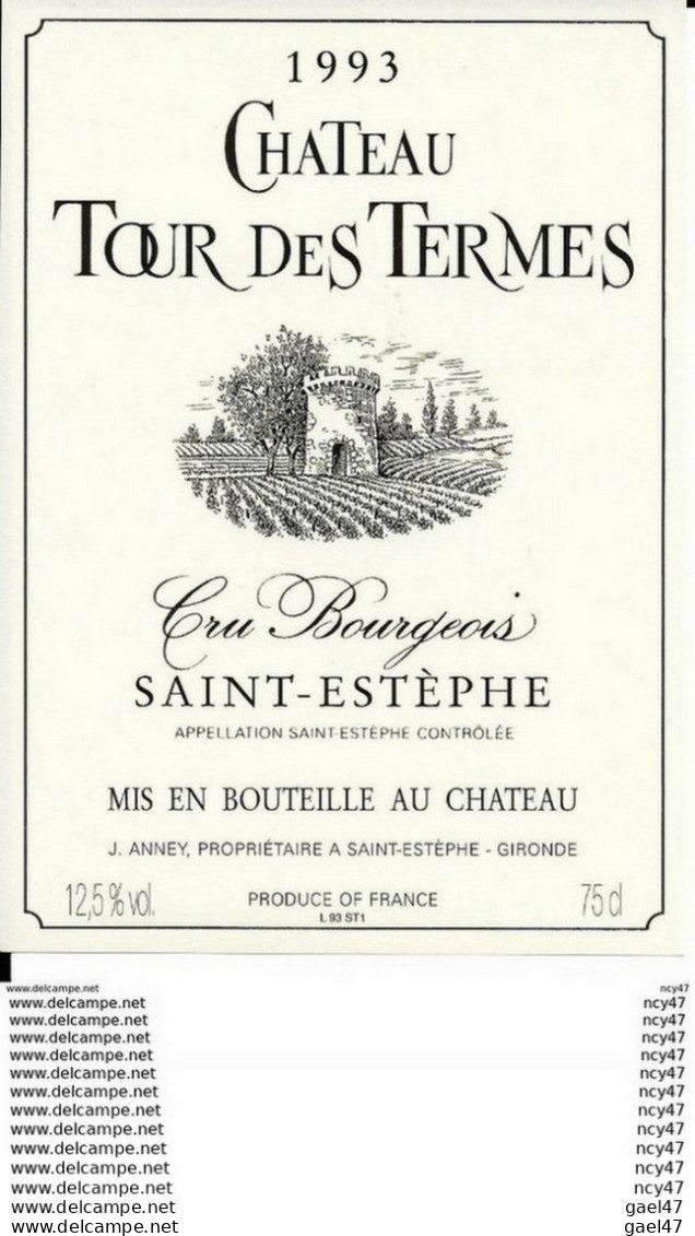 Etiquettes De Vin.  Château TOUR DES TERMES 1993 (St-Estèphe, Cru Bourgeois).  J.Anney. ..I 046 - Bordeaux