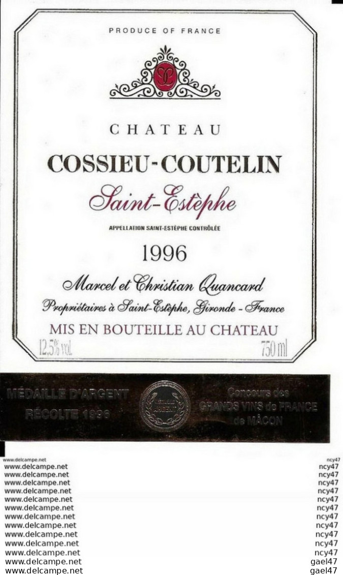 Etiquettes De Vin.  Château COSSIEU-COUTELIN 1996  (St-Estèphe).  Marcel Et Christian Quancard. ..I 059 - Bordeaux