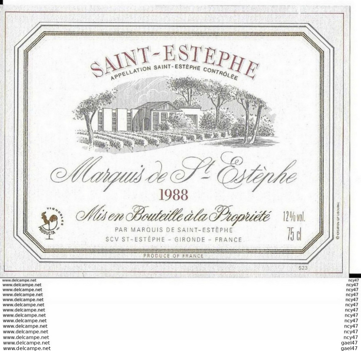 Etiquettes De Vin.  MARQUIS DE ST-ESTEPHE 1988  (St-Estèphe). ..I 064 - Bordeaux