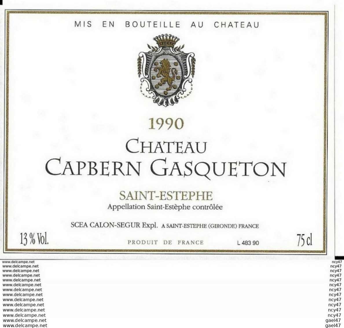 Etiquettes De Vin.  Château CAPBERN GASQUETON 1990  (St-Estèphe).  SCEA Calon-Segur. ..I 061 - Bordeaux