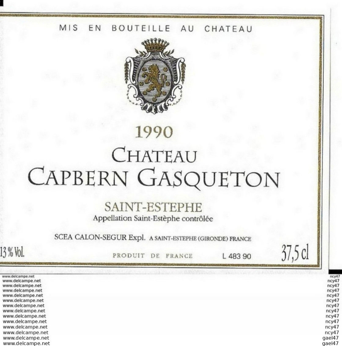 Etiquettes De Vin.  Château CAPBERN GASQUETON 1990 (St-Estèphe, Cru Bourgeois).  S.C.E.A Calon Segur. ..I 048 - Bordeaux