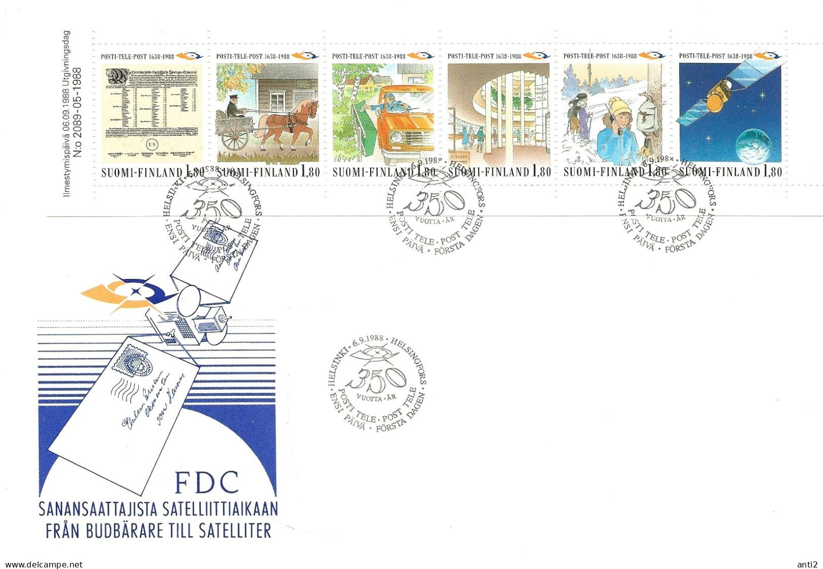 Finland   1988 350th Anniversary Of Postal And Telecommunications In Finland, Satelite  Mi 1059-1064 FDC - Brieven En Documenten