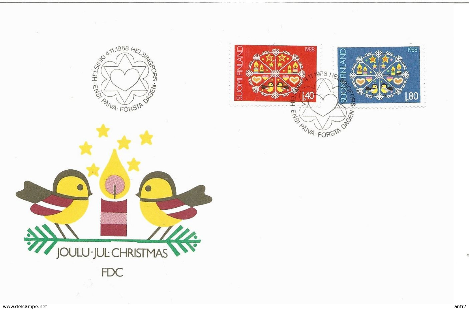 Finland   1988 Christmas, Snow Crystal With Christmas Symbols  Mi 1066-1067 FDC - Lettres & Documents