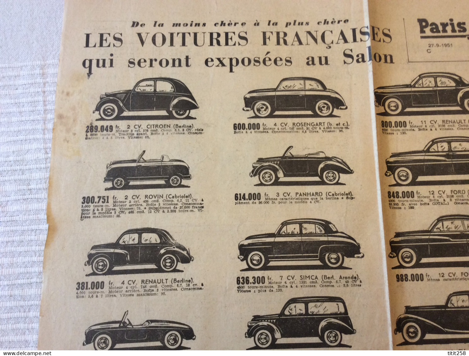 Catalogue Vente Automobiles Citroén Traction Bugatti  Aston Martin  Etc + Tarifs Salon 1951 Couverture Photo Hamilton - Voitures