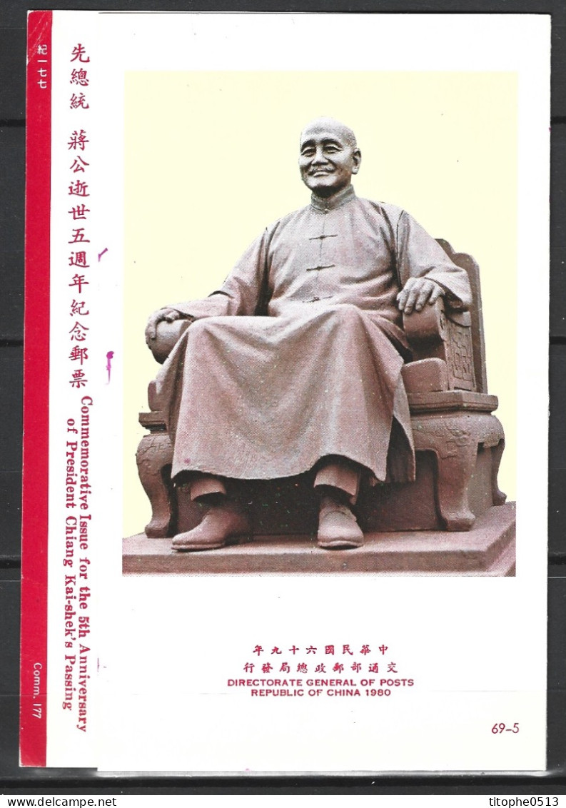 TAÏWAN. N°1271-3 De 1980 Sur Encart Premier Jour. Tchang Kaï-Chek. - Cartas & Documentos