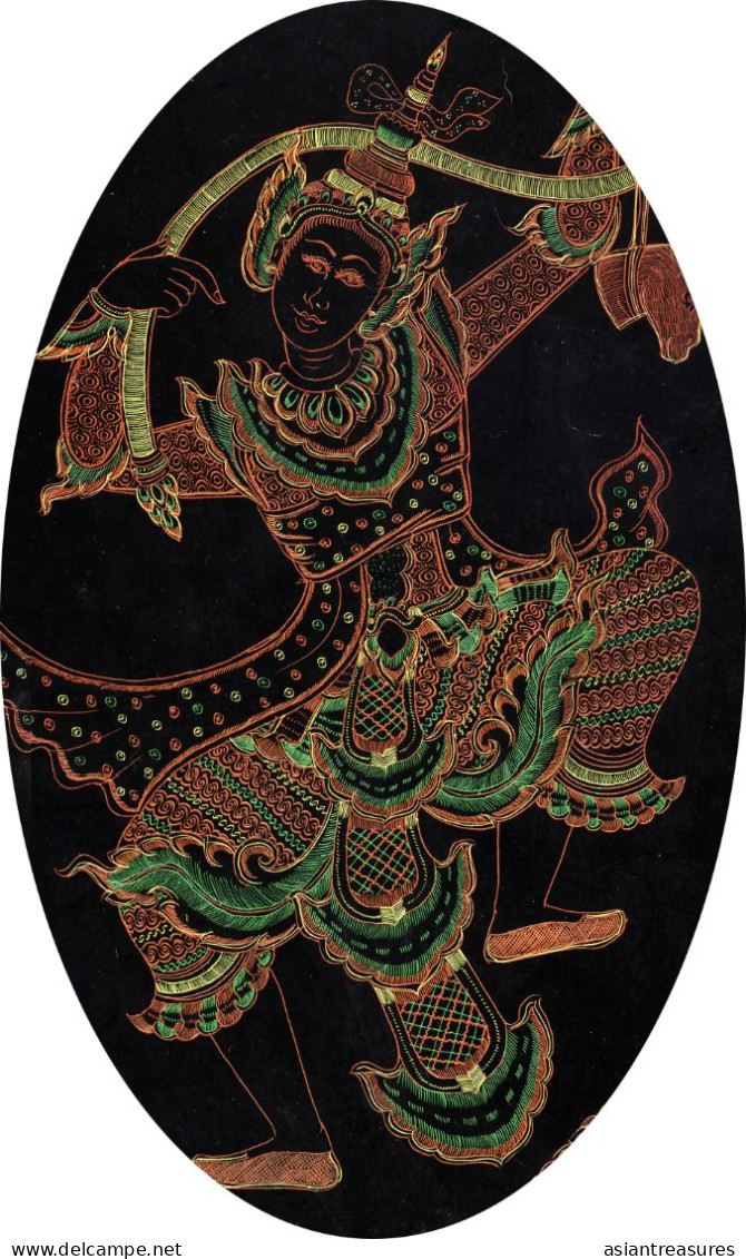 Antique Burma Lacquerware Art  Hand-painted, Hand Etched Painting Intricate Work - Art Asiatique