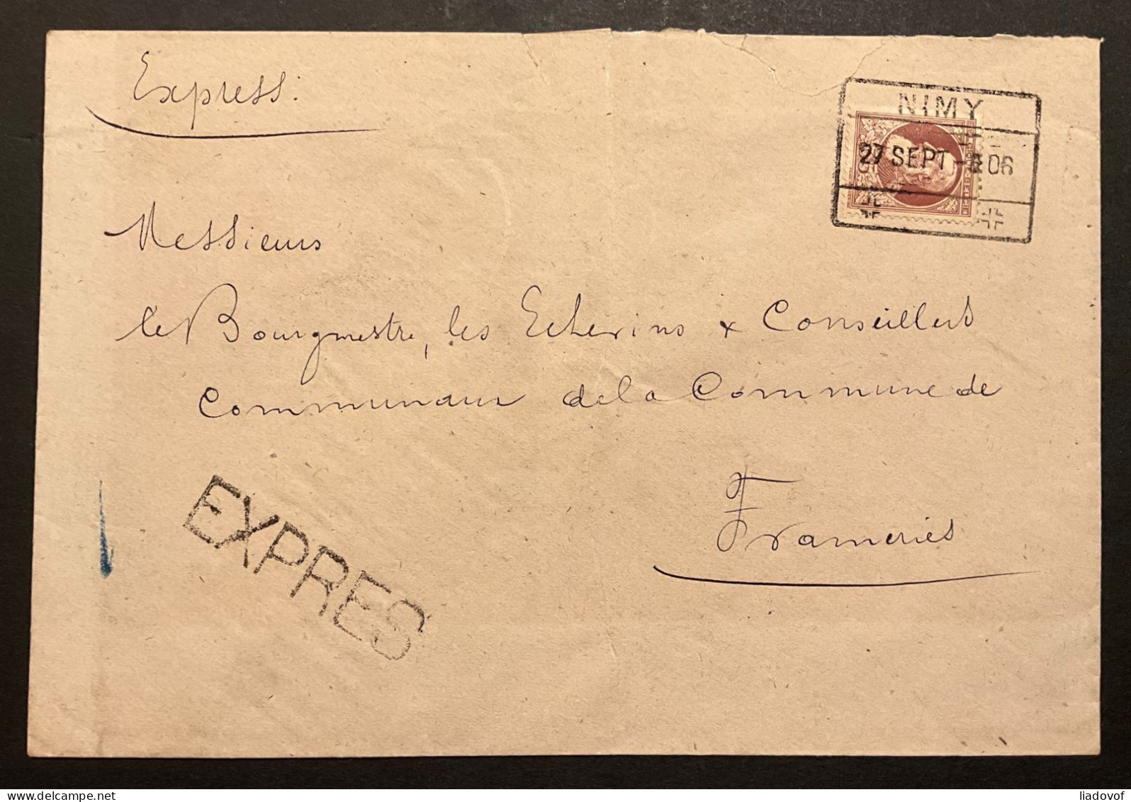 Lettre EXPRES Affr. OBP 77 Obl. Cachet Télégraphique NIMY - 1905 Grosse Barbe