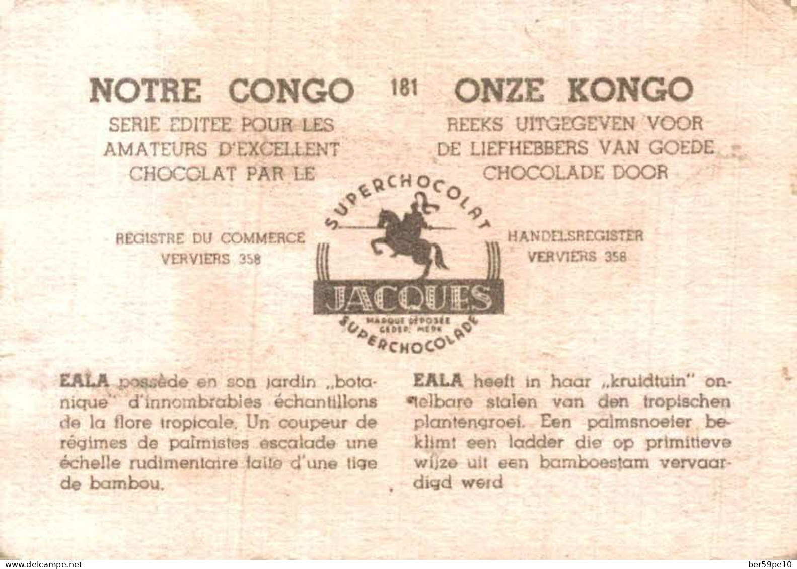 CHROMO SUPER CHOCOLAT JACQUES NOTRE CONGO N°181 EALA UN COUPEUR DE REGIMES DE PALMISTES - Jacques