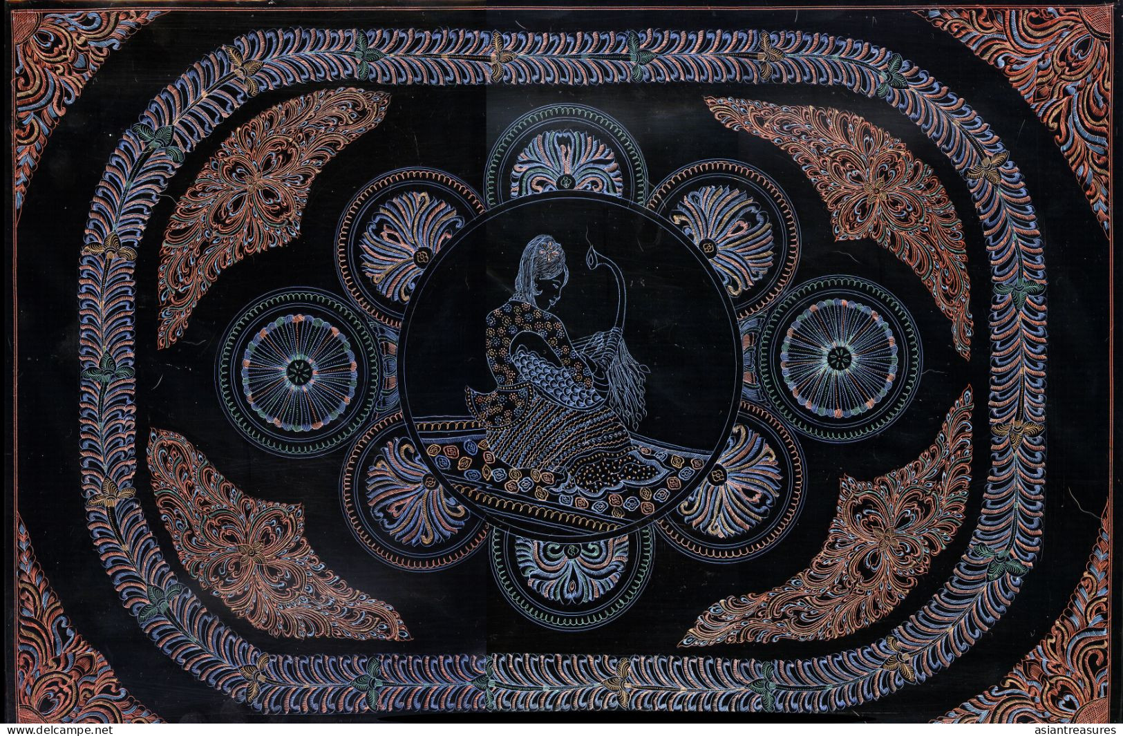 Antique Burma Lacquerware Art  Hand-painted, Hand Etched Painting Intricate Work - Arte Asiatica