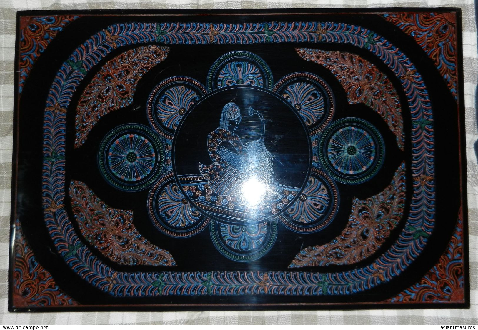 Antique Burma Lacquerware Art  Hand-painted, Hand Etched Painting Intricate Work - Arte Asiatica