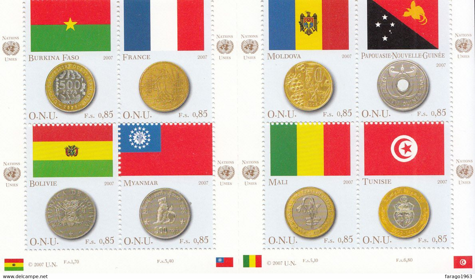 2007 United Nations Geneva Flags Coins France Mali Myanamar Miniature Sheet Of 8 MNH  @  BELOW FACE VALUE - Ungebraucht